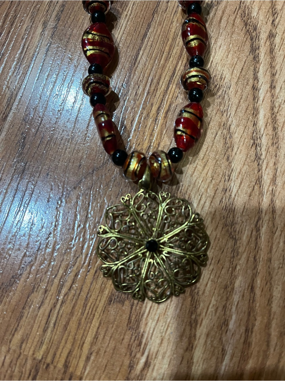 Gold Filigree Pendant Necklace with Red Beads. 18 inch
